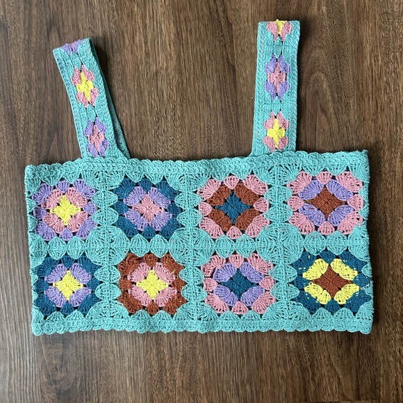 WITTY FOX Granny Square Crochet Crop Tank Top Boho Festival Indie Beach Y2K Sz S - Picture 3 of 12
